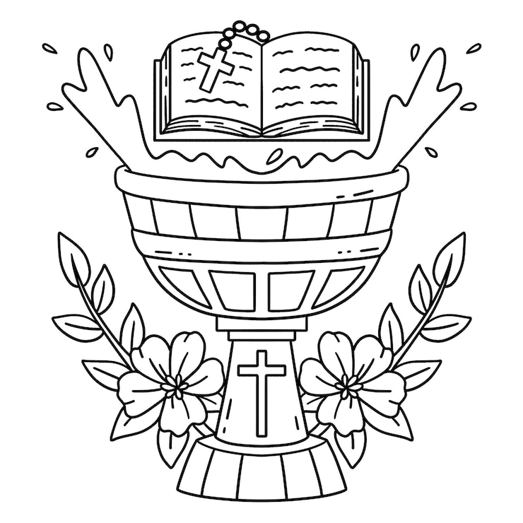 Vector colorear la fuente del bautismo y la biblia aislada