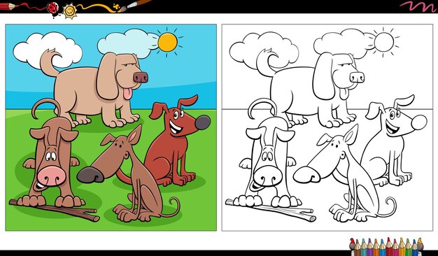 Colorear Grupo de personajes de perros de cómic en el prado