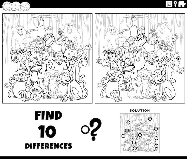 Colorear juego de diferencias con monos de dibujos animados