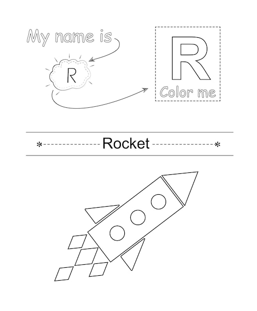 Colorear la letra y la imagen Juego educativo para niños Colorear el alfabeto La letra R y el cohete de dibujos animados