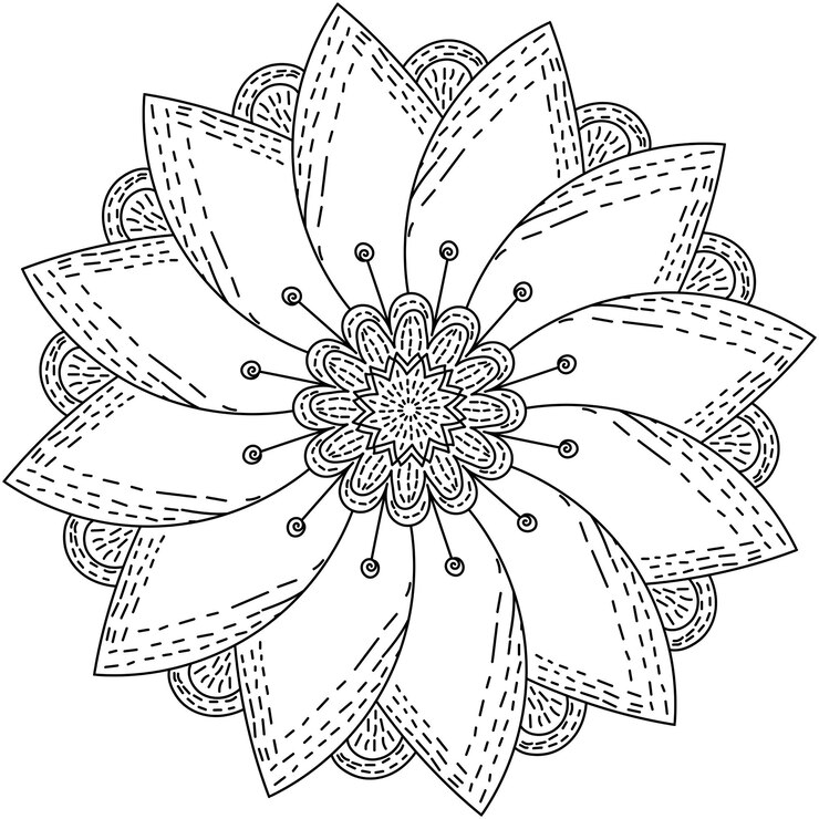 Vector colorear mandala flor con pequeño sombreado en el centro y borde de los pétalos zen