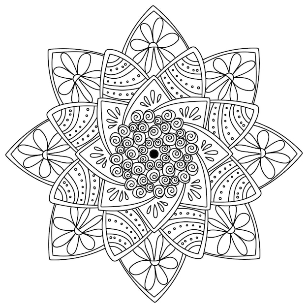 Colorear mandala de ocho puntas con espirales en el centro y flores en los rayos zen