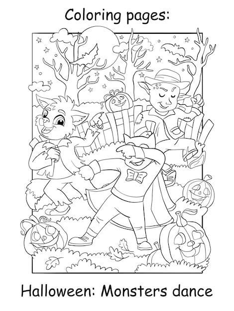 Colorear monstruos de Halloween bailando en la ilustración de vector de bosque