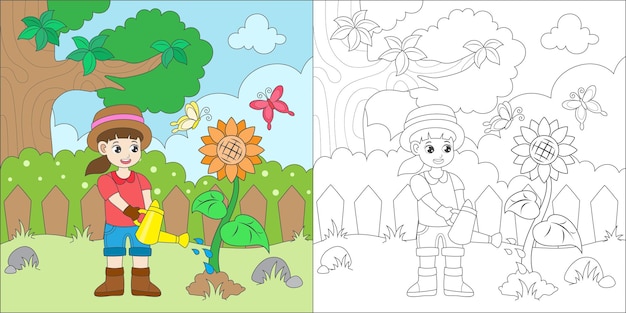 colorear niña regando girasol