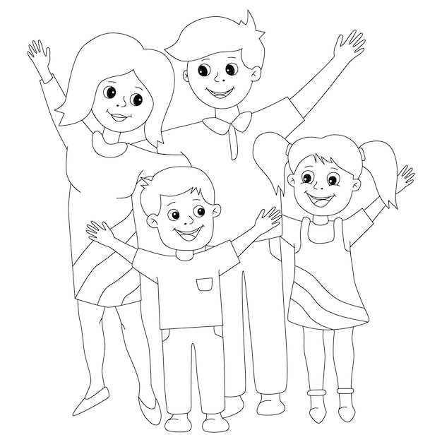 Colorear para niños familia feliz mamá papá hijo hija estar juntos manos arriba