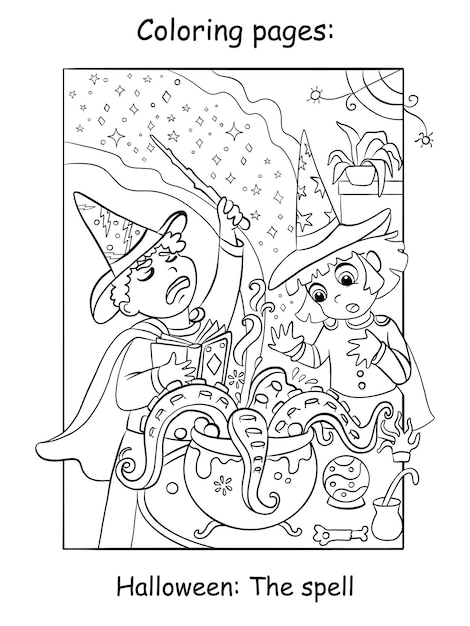 Colorear a los niños de Halloween cocinar una ilustración de vector de poción