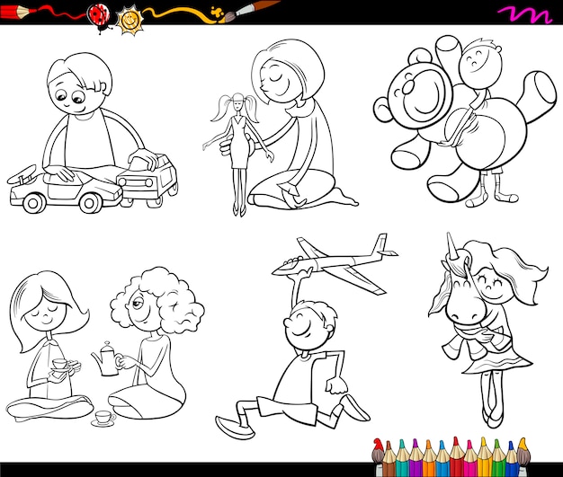 colorear niños y juguetes