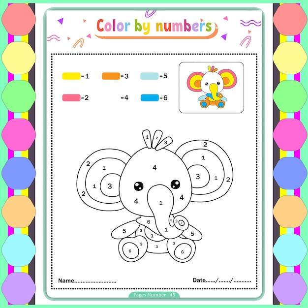Colorear por números Hoja de trabajo de elefantes para niños