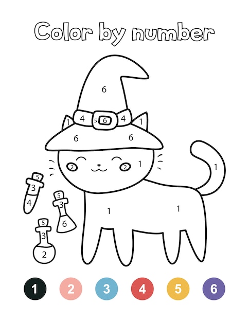 Colorear por números para niños en edad preescolar. lindo gato de halloween con sombrero de bruja y pociones