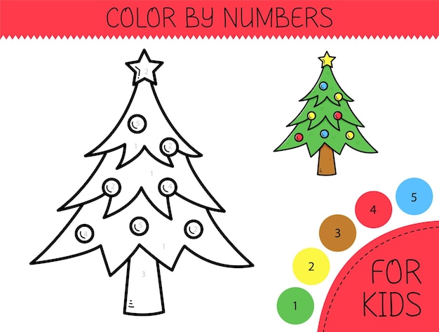 Vector colorear por números página de colorear para niños con árbol de navidad lindo libro de colorear con árbol de navidad de dibujos animados con un ejemplo para colorear versiones monocromáticas y coloridas ilustración vectorial