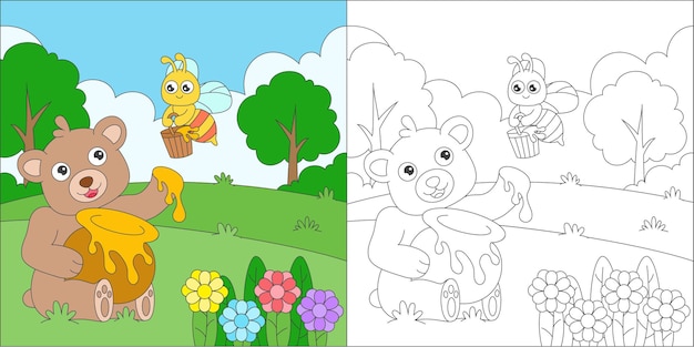 Colorear oso y abeja ilustración