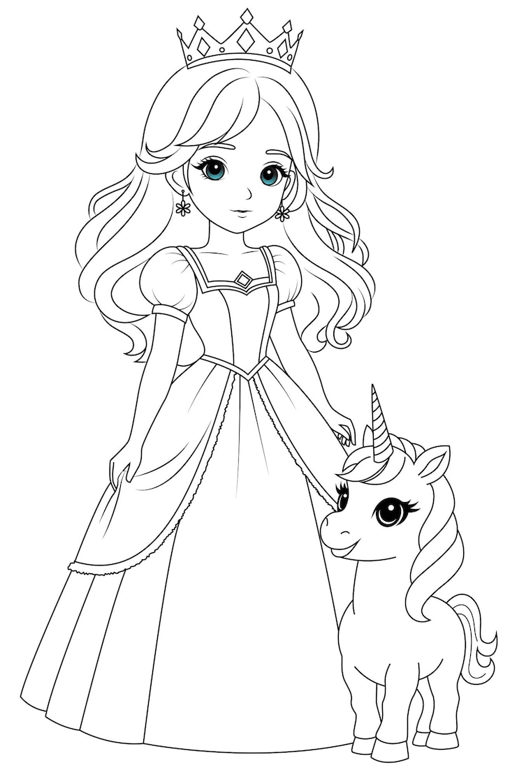 Vector colorear página chibi princesa con un lindo bebé unicornio