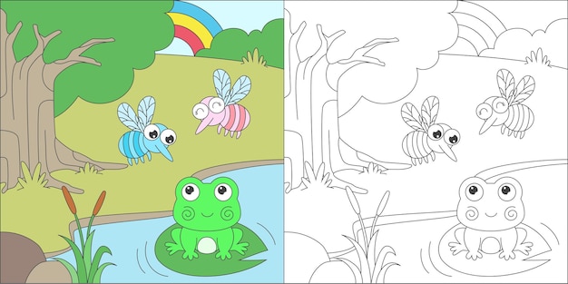 colorear rana y mosquitos