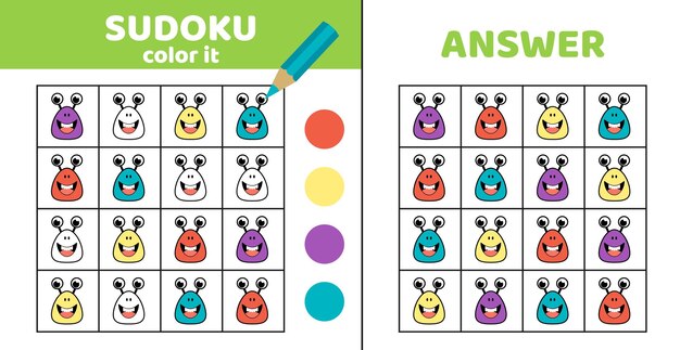 Colorear sudoku con cara de alienígena Sudoku Juego alienígena para niños Eps vectorial de dibujos animados 10