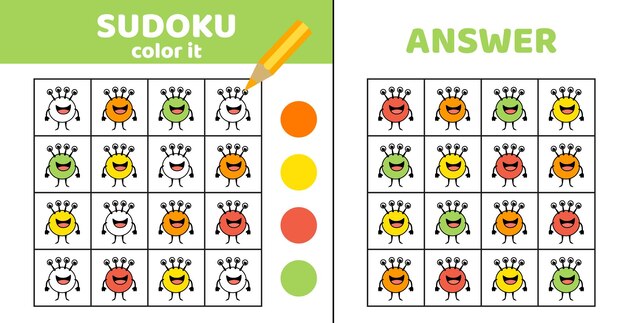 Colorear sudoku con extraños divertidos Juego de monstruos sudoku para niños Eps vectorial de dibujos animados 10