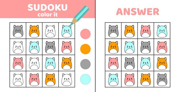 Colorear sudoku con gatitos Sudoku juego de gatos para niños Squishmallow dibujos animados de vector plano eps 10