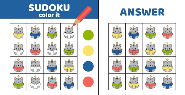 Colorear sudoku con gato Sudoku Squishmallow gato Juego para niños dibujos animados kawaii vector eps 10