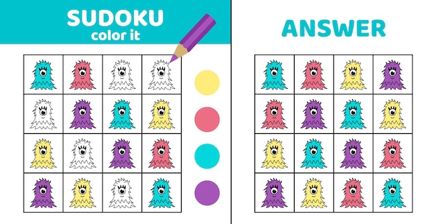 Colorear sudoku con monstruo espacial Sudoku Juego alienígena para niños Eps vectorial de dibujos animados 10
