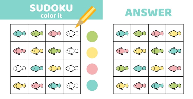 Colorear sudoku de pescado Sudoku con cuatro peces Juego para niños Eps vectorial de dibujos animados 10