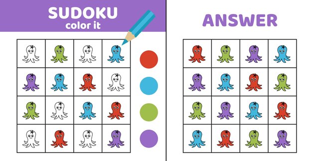 Colorear sudoku con pulpo Sudoku Octopus Juego para niños Vector plano de dibujos animados eps 10