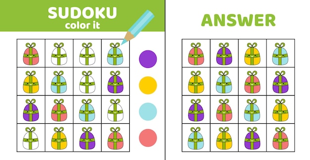 Colorear sudoku con regalo Sudoku Squishmallow regalo Juego para niños dibujos animados kawaii vector eps 10