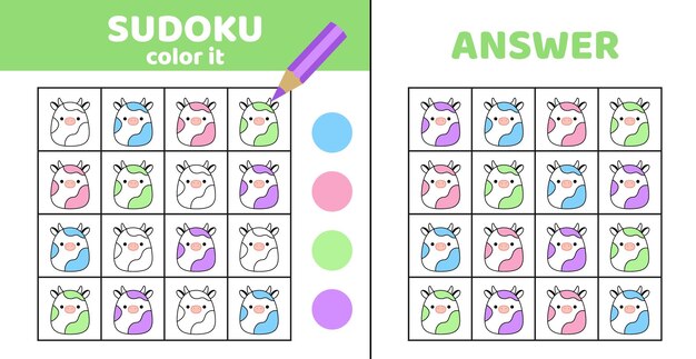Colorear sudoku con vaca Sudoku juego de vaca para niños Squishmallow dibujos animados de vector plano eps 10