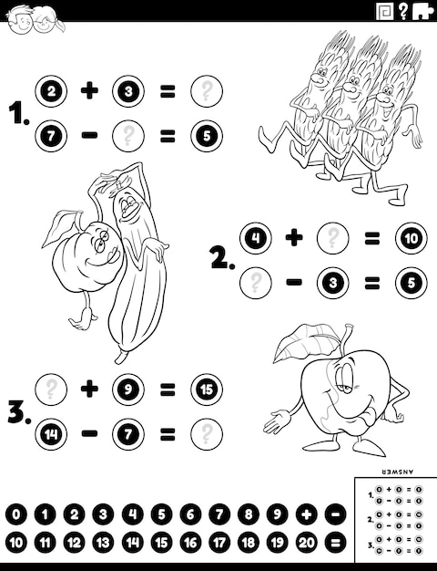 Colorear tarea matemática con personajes de cómic de comida