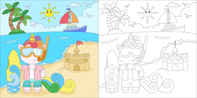 colorear unicornio en la playa
