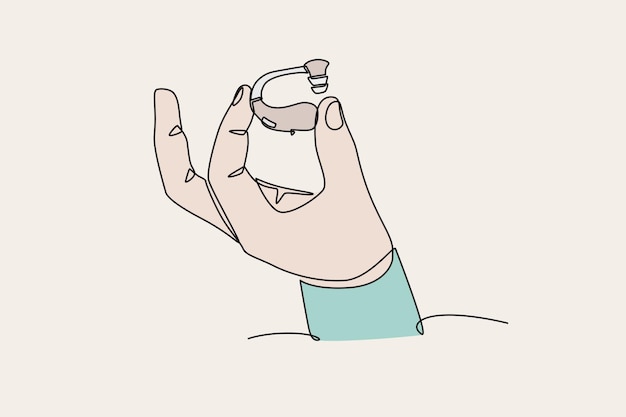 Colored hand holding hearing aid Hearing aids concept oneline drawing