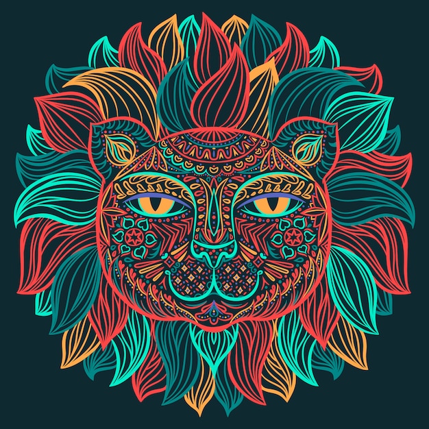 Coloree la imagen de una cabeza de león sobre un fondo oscuro.