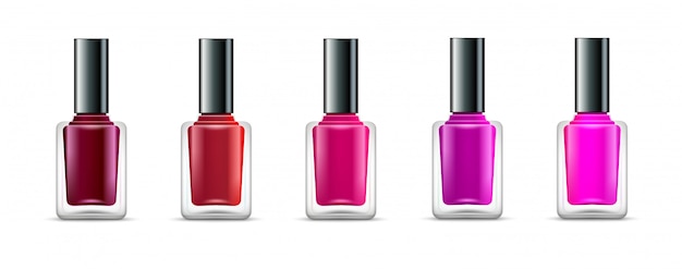 Colores aislados de la botella de cristal del esmalte de uñas. Realista belleza manicura contenedores de pintura. Producto cosmético de esmalte de uñas femenino