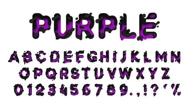 Colores del alfabeto púrpura y negro. Carta cortada en papel. Tipo de letra fluido, corte de papel de estilo de textura. Diseño de signo 3d aislado en fondo blanco. Fuente alfabética de líquido fundido. Ilustraciones vectoriales