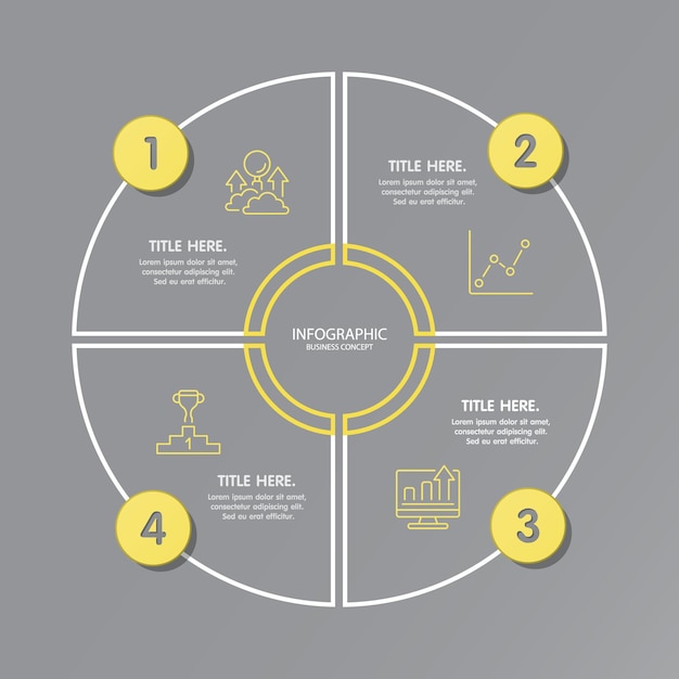 Colores amarillo y gris para infografía circular con iconos de líneas finas. 4 opciones o pasos para infografías, diagramas de flujo, presentaciones, sitios web, materiales impresos. Concepto de negocio de infografía.