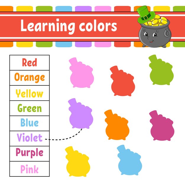 Colores de aprendizaje Hoja de trabajo de desarrollo educativo Página de actividad con imágenes Juego para niños Estilo de dibujos animados de personajes divertidos