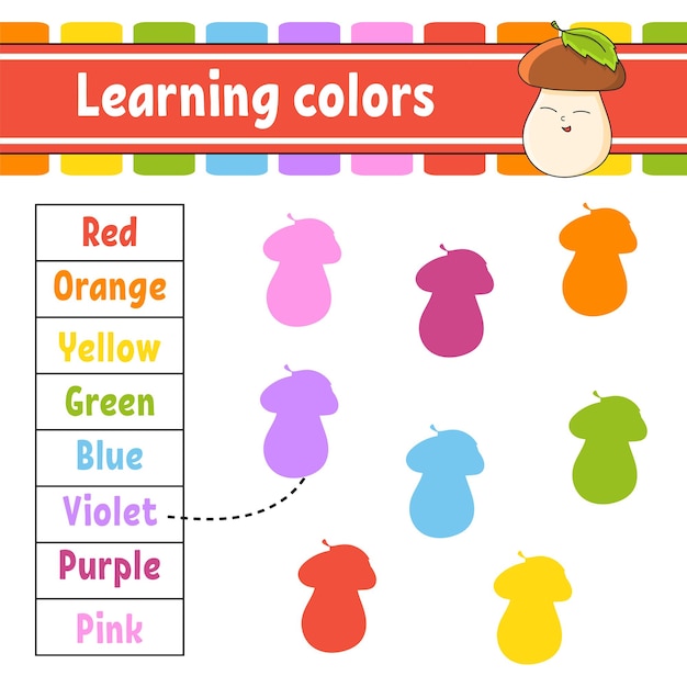 Colores de aprendizaje Hoja de trabajo de desarrollo educativo Página de actividad con imágenes Juego para niños Estilo de dibujos animados de personajes divertidos