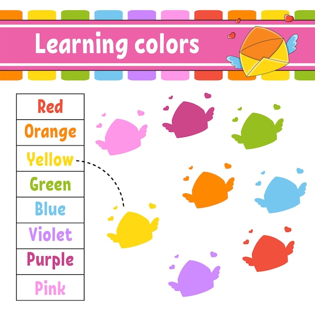 Colores de aprendizaje Hoja de trabajo de desarrollo educativo Página de actividades con imágenes Juego para niños Estilo de dibujos animados de personajes divertidos Ilustración vectorial