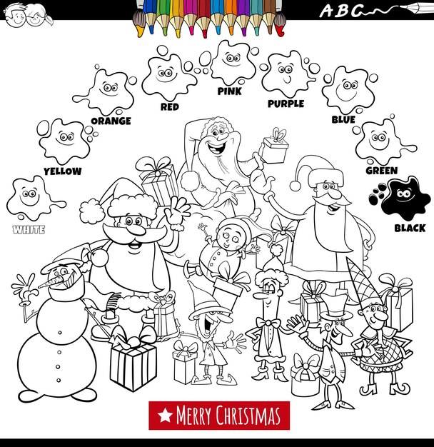 colores básicos con divertidos personajes navideños para colorear grupo página del libro