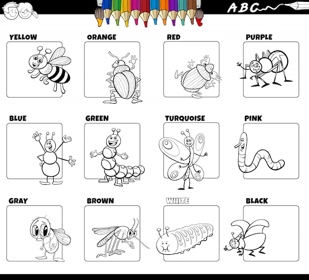 Vector colores básicos con insectos para colorear