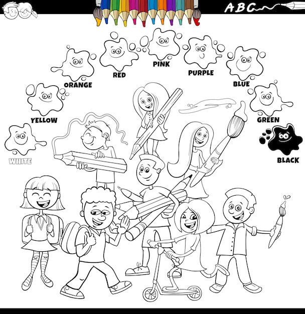 colores básicos para niños con grupo de alumnos página de libro para colorear
