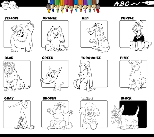 Colores básicos con personajes de perros para colorear, pintar e imprimir