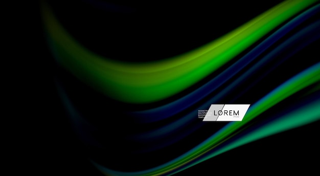 Colores fluidos del arco iris en líneas de onda vectorial de fondo negro y remolinos