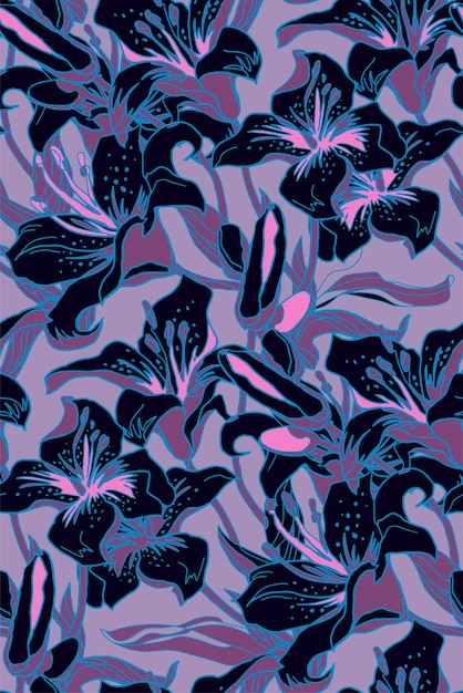 Colores de moda vector patrón floral transparente con siluetas de flores de lirio negro dibujadas a mano