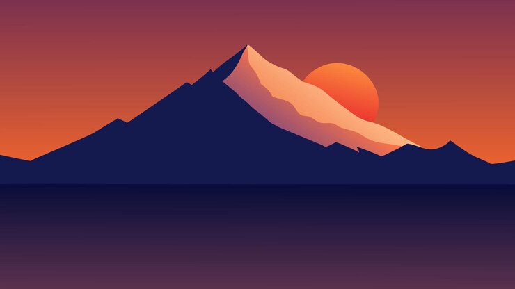 Vector los colores vibrantes de la puesta de sol iluminan una montaña que se refleja perfectamente en el agua tranquila a continuación ilustración vectorial plana