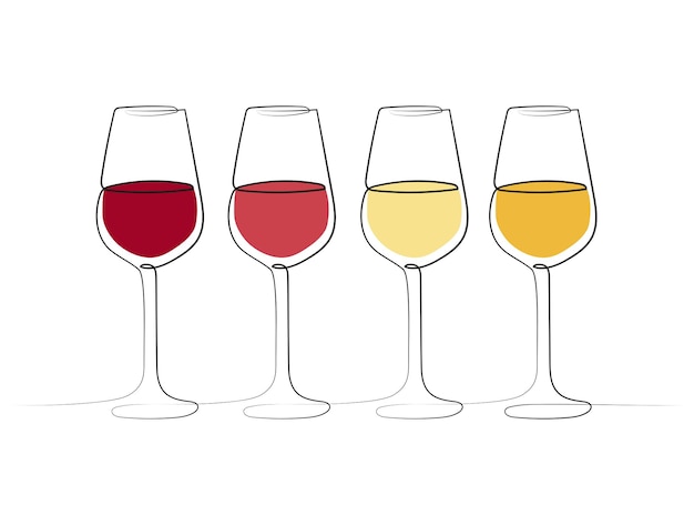 Colores de vino en una línea de arte dibujando vasos de alcohol en bebidas artísticas minimalistas