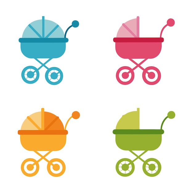 colorful baby strollers in different colors on white background
