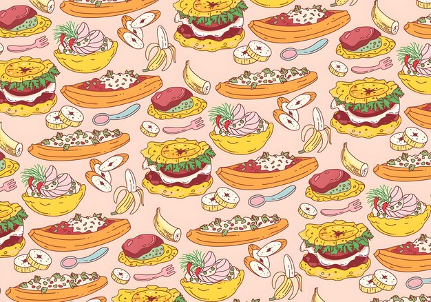 Colorful food pattern with bananas and desserts