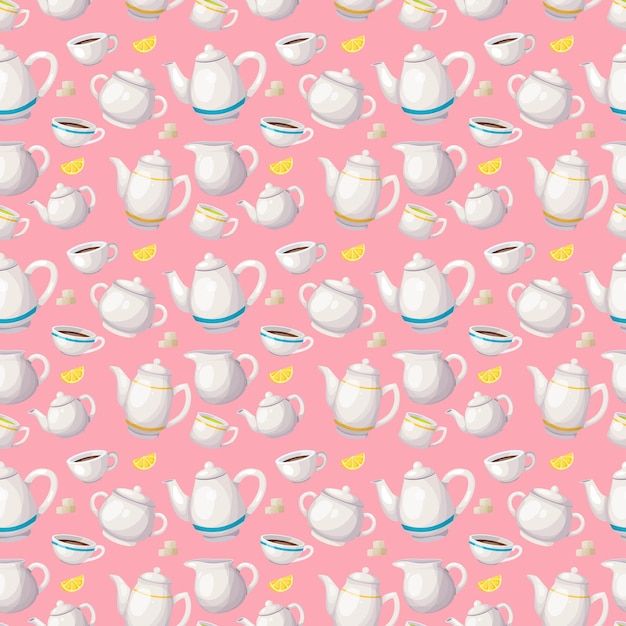Colorful pattern featuring teapots cups and lemons against a cheerful pink background