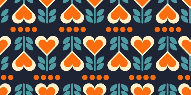 Colorful seamless retro pattern with floral geometry in turquoise orange and dark blue colors