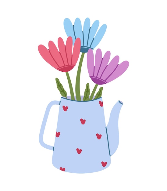 Colorful vector illustration of a blue watering can with flowers