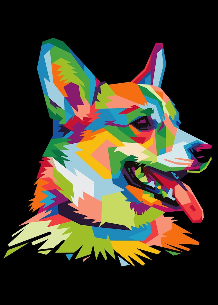 Vector colorida cabeza de perro welsh corgi con un fresco fondo de estilo pop art aislado